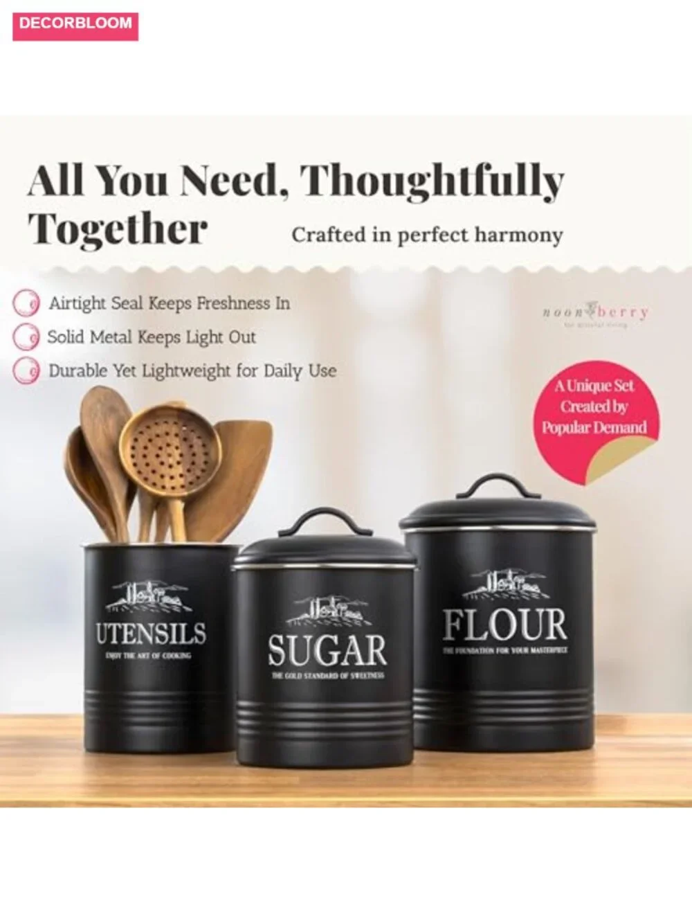 Metal Recipe Box & 3 Kitchen Canisters Set with Utensil Holder